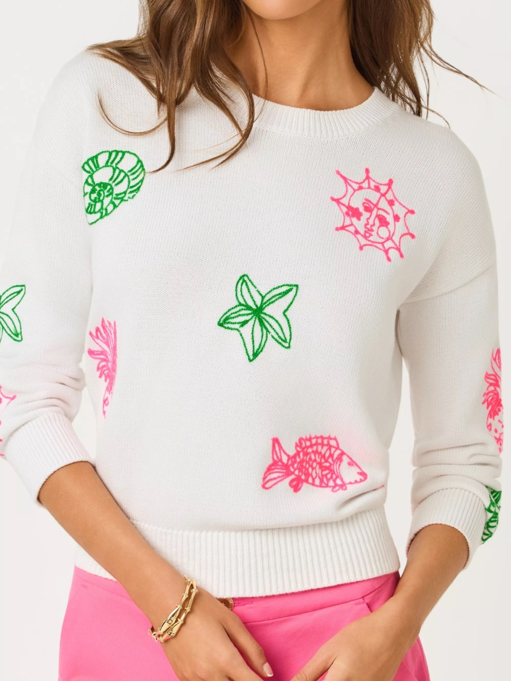 Lilly Pulitzer Tensely Embroidered Sweater Resort White Fleur De Lilly